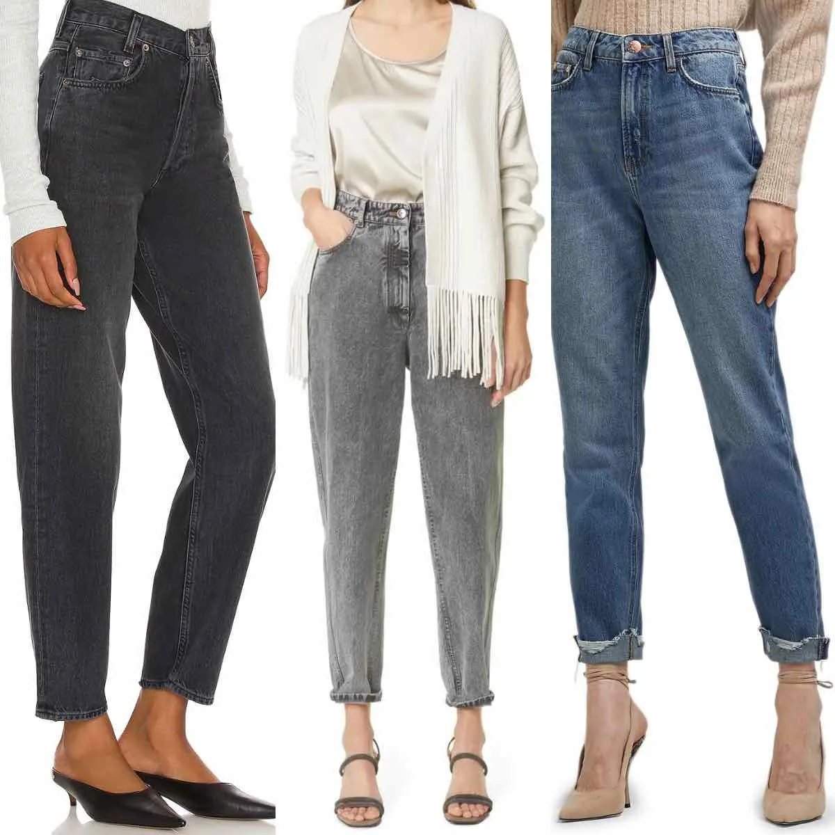 3 women wearing heels with mom jeans outfits.
