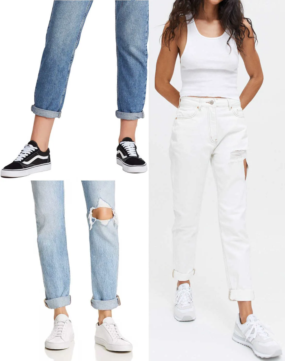 3 women wearing mom jeans with sneakers.