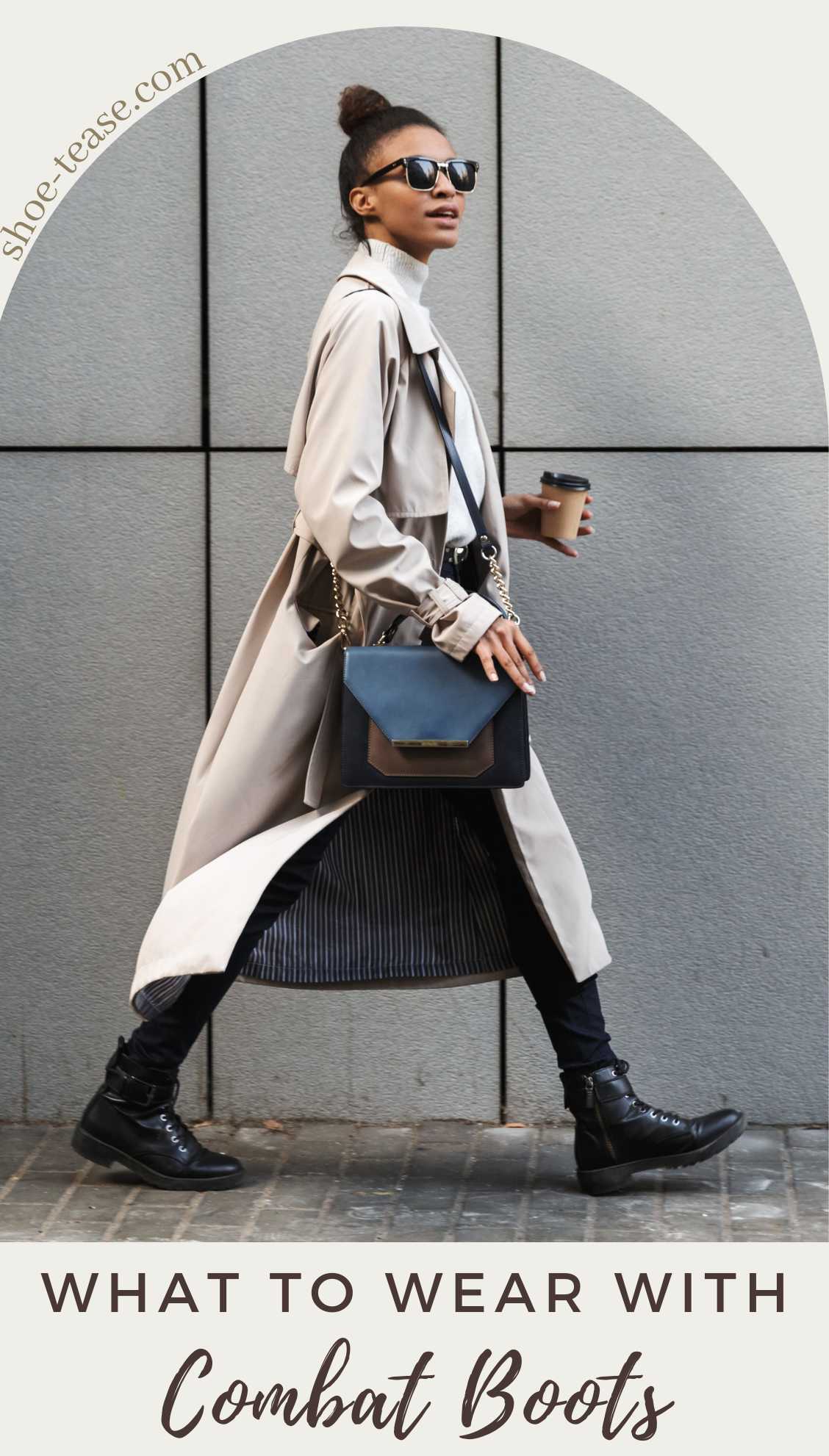 Woman walking wearing combat boots, trench coat. Text overlay reads what to wear with combat boots.