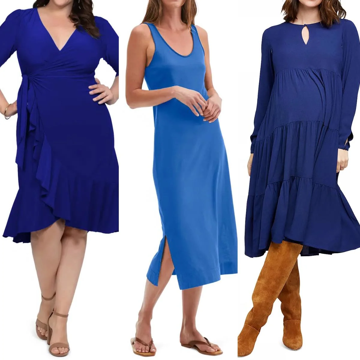 3 women wearing royal blue dresses and brown shoes.