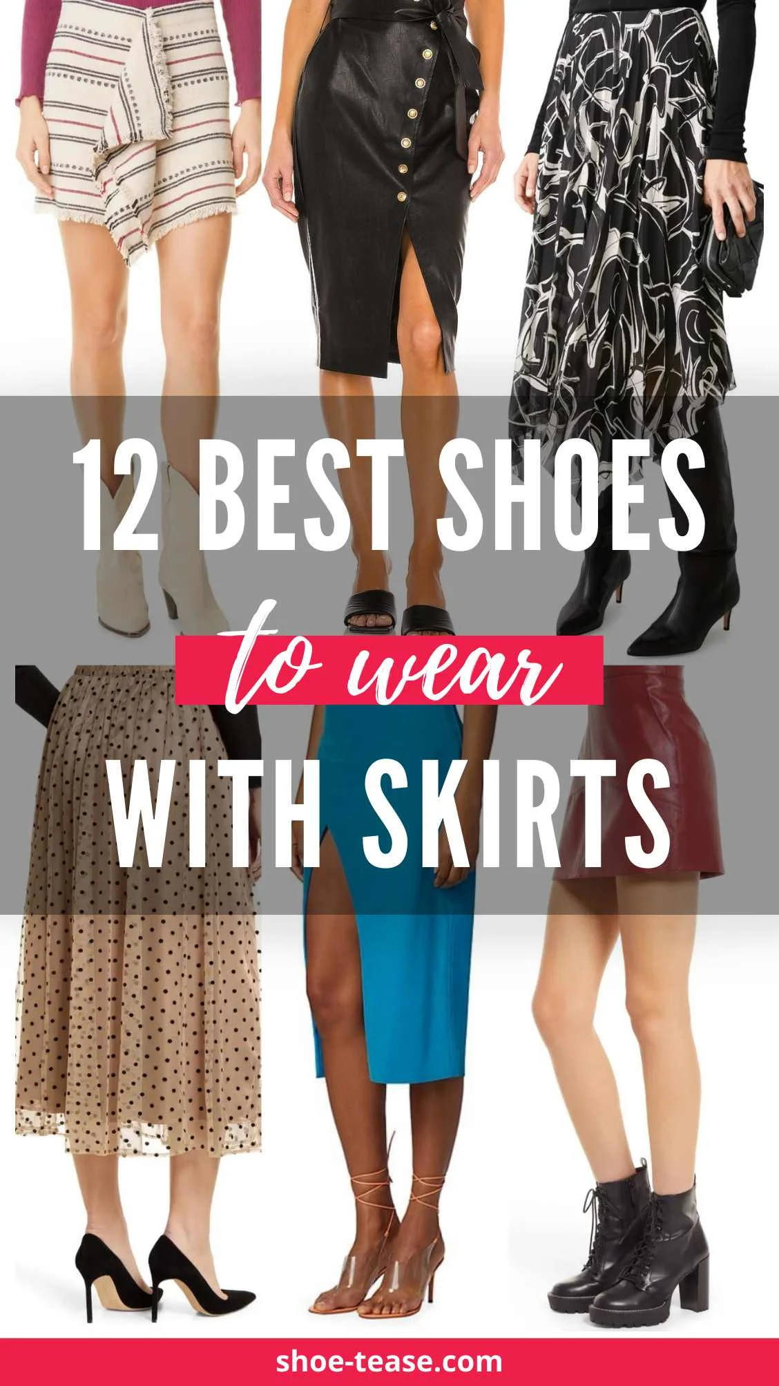6 women wearing different skirts with shoes of various styles.