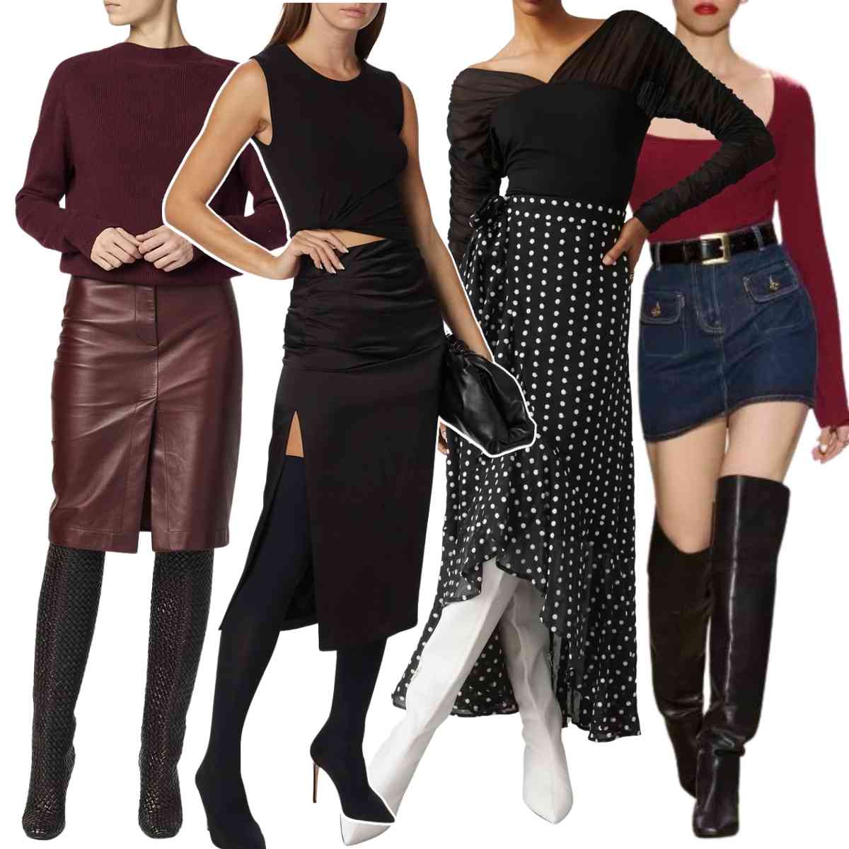 Collage of 4 women wearing different thigh high boots with skirts outfits.