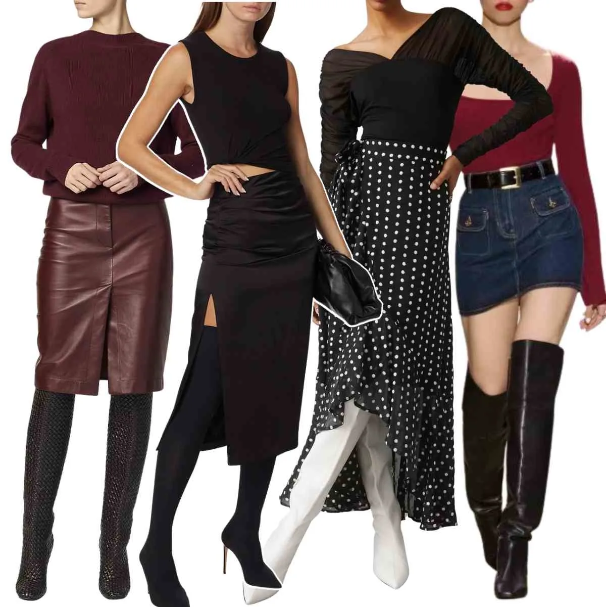 Collage of 4 women wearing different thigh high boots with skirts outfits.