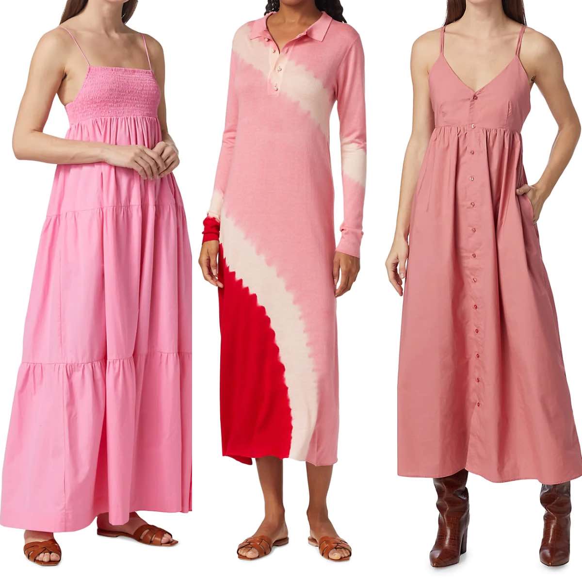 Women wearing pink dresses with brown shoes