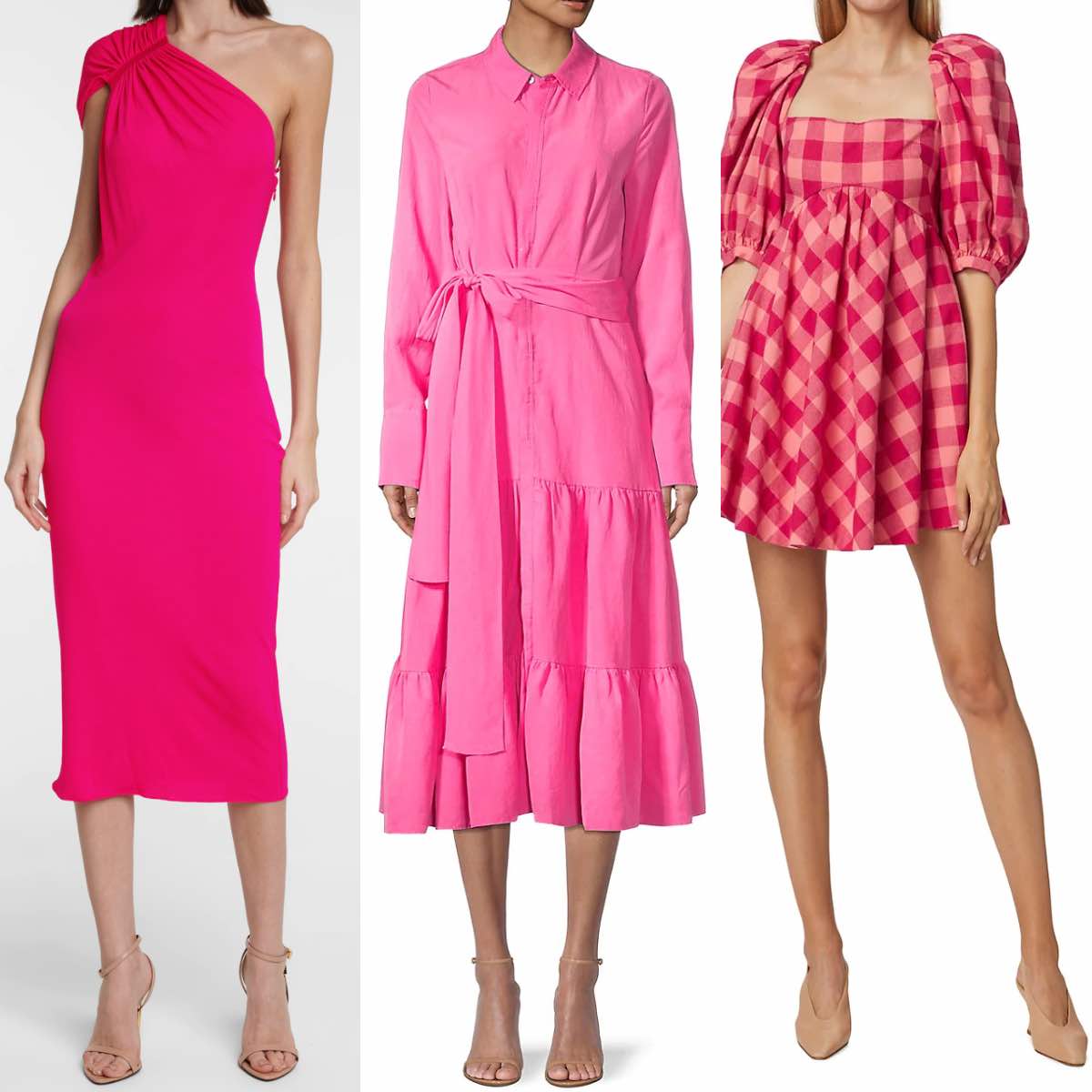 3 women wearing pink dresses with nude shoes