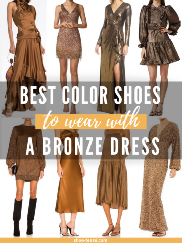 8 women wearing different styles and color shoes that match bronze dresses.