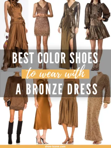 8 women wearing different styles and color shoes that match bronze dresses.