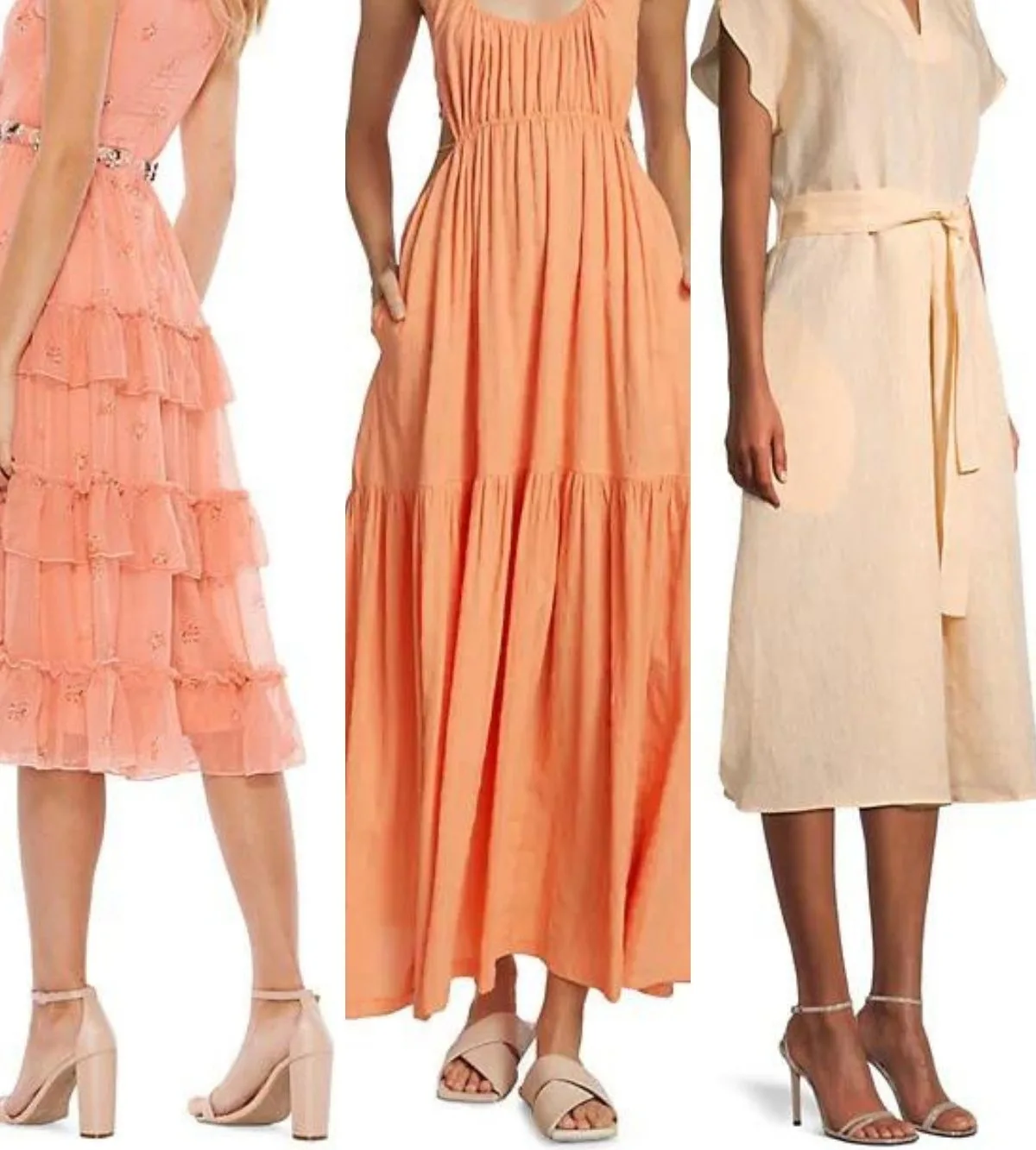 3 women wearing different beige and nude color shoes with peach dress outfits.