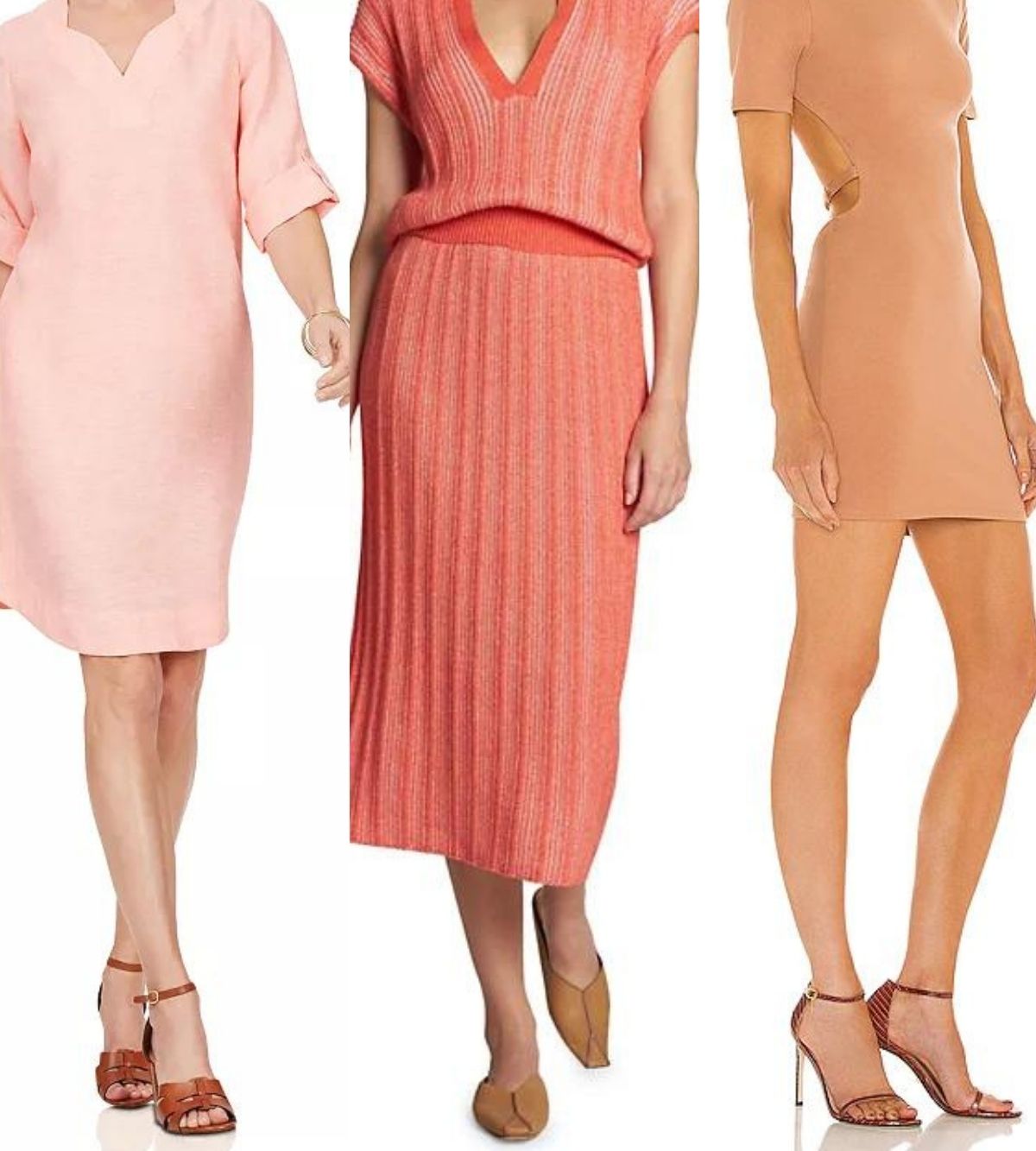 3 women wearing different tan and brown color shoes with peach dress outfits.