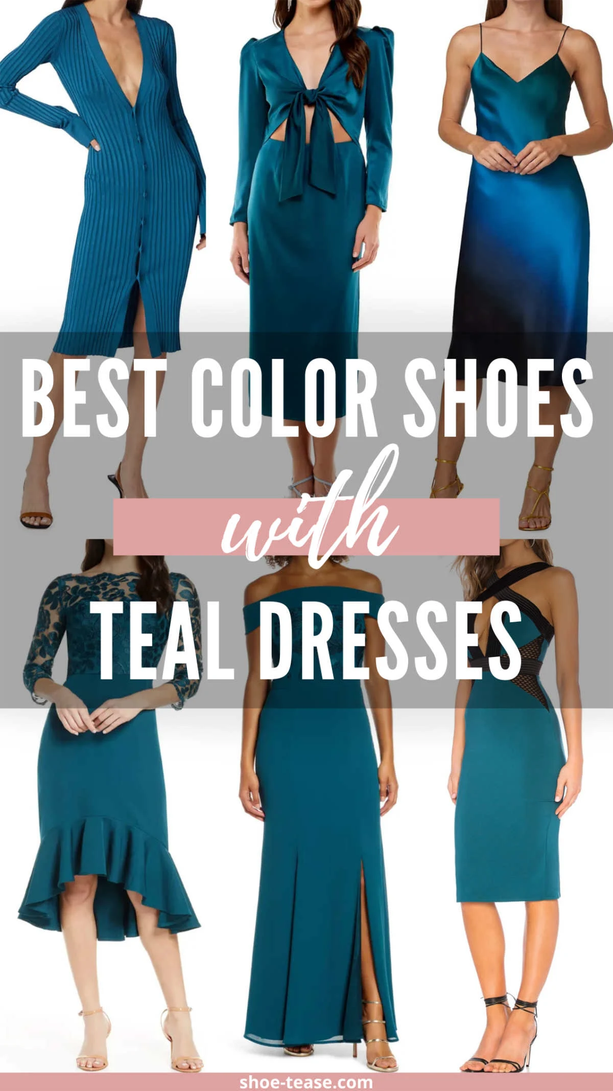6 women wearing different color shoes with teal dress outfits.