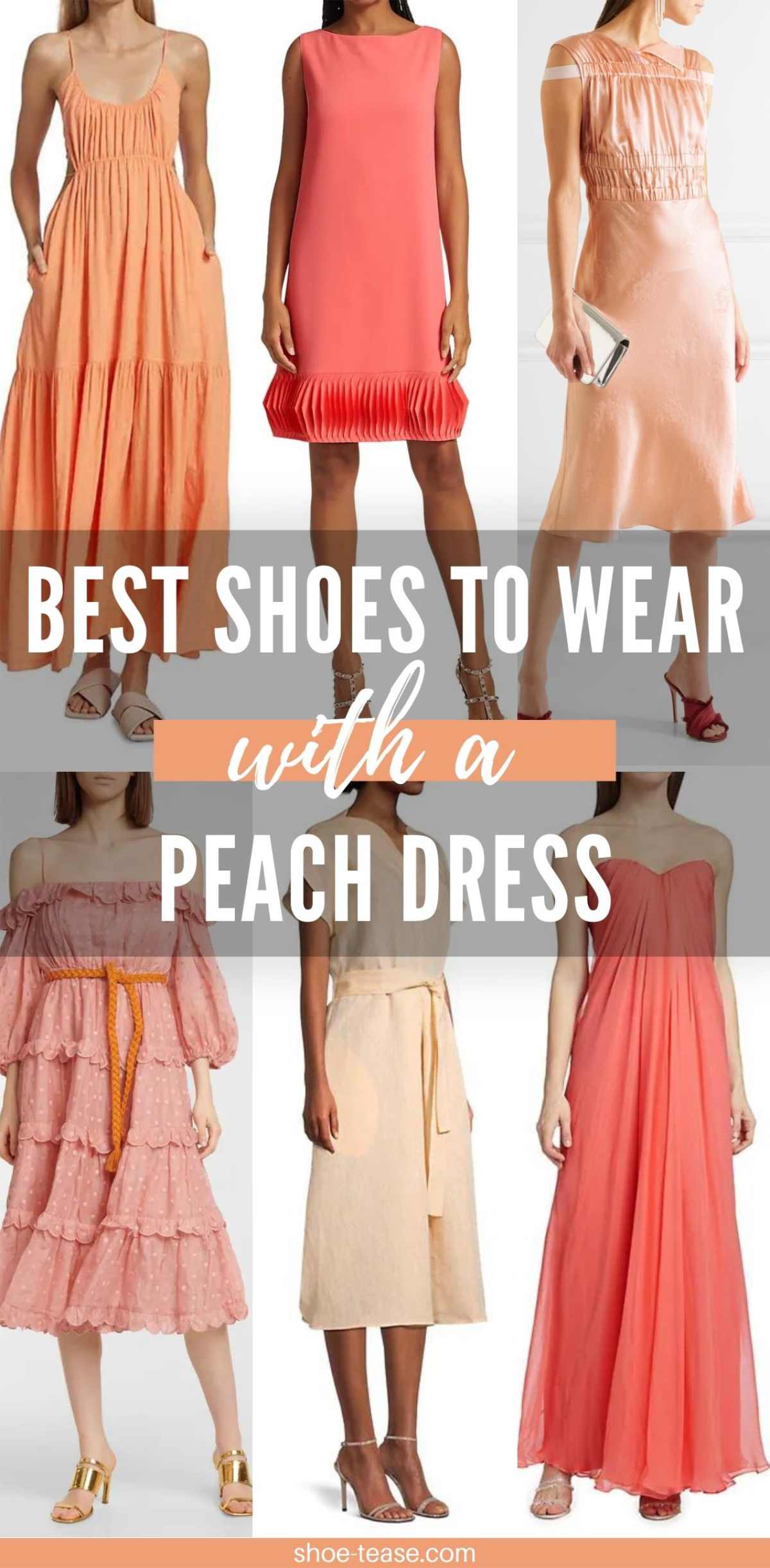 6 women wearing different color shoes with peach dress outfits.