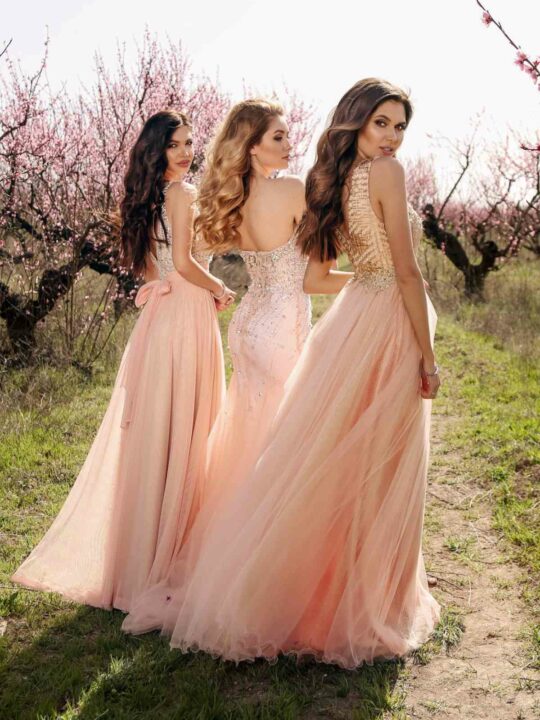 Diamonds Beaded Peach Chiffon Two-piece Prom Dress - Promfy