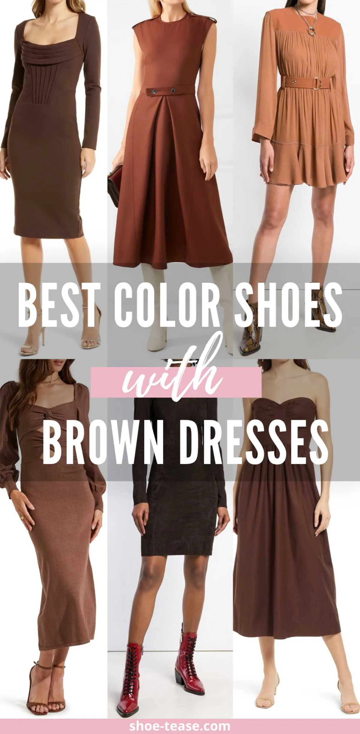 6 women wearing different styles and color shoes with brown dress outfits.