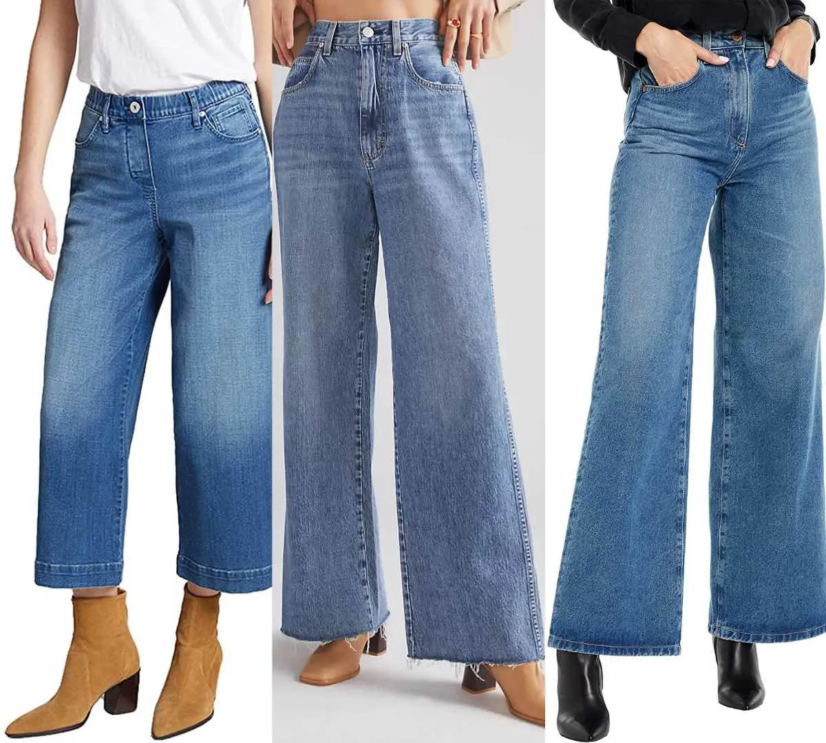 3 women wearing different wide leg jeans with boots.