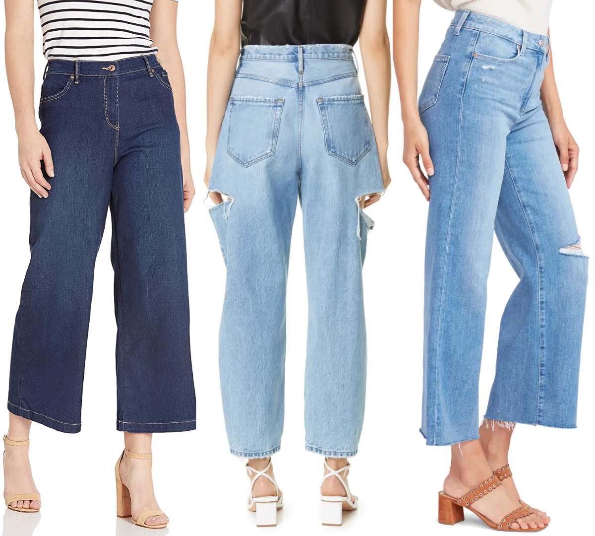 3 women wearing different chunky heeled sandals with wide leg jeans.