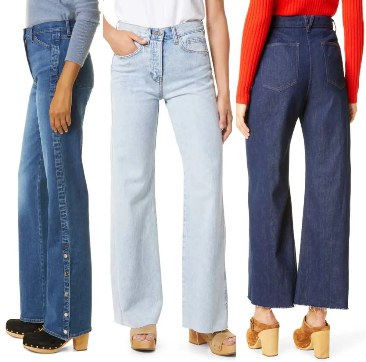 3 women wearing different clogs shoes with wide leg jeans.