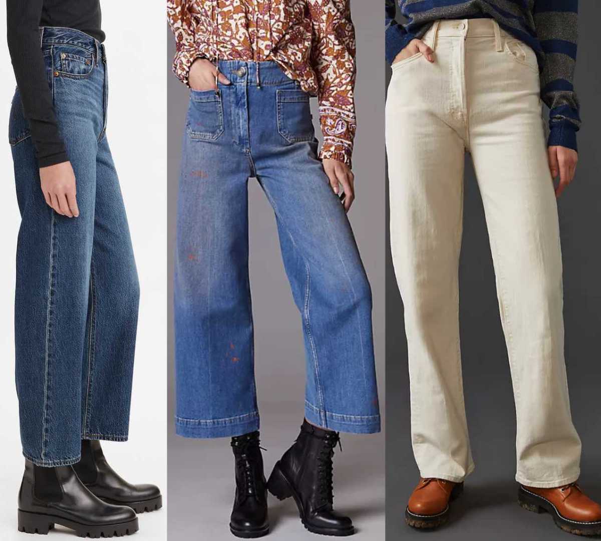 3 women wearing different wide leg jeans with combat boots.