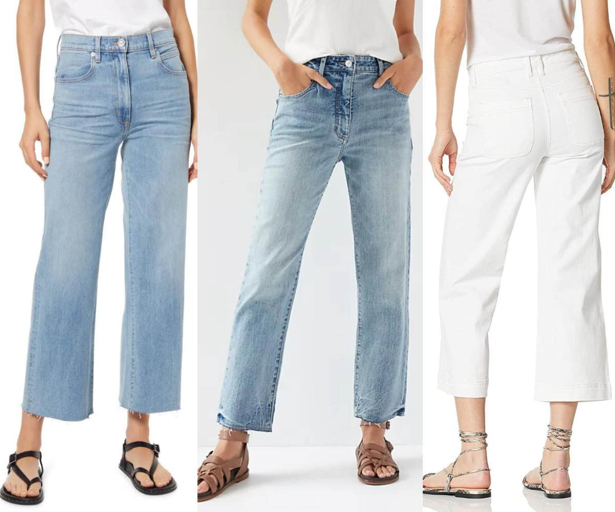 3 women wearing different flat sandals shoes with wide leg jeans.