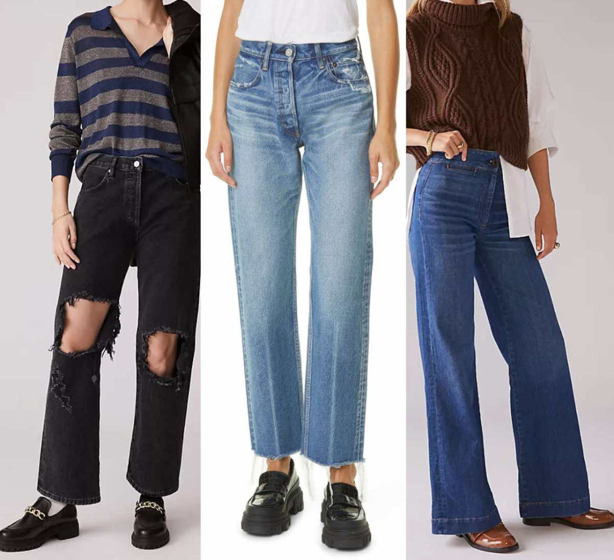 3 women wearing different loafer shoes with wide leg jeans.