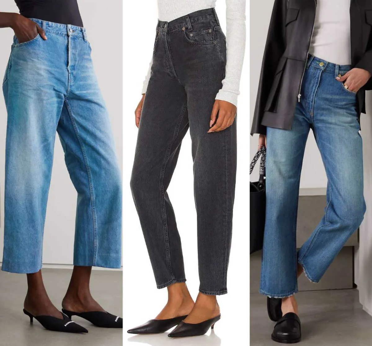 3 women wearing different mules shoes with wide leg jeans.
