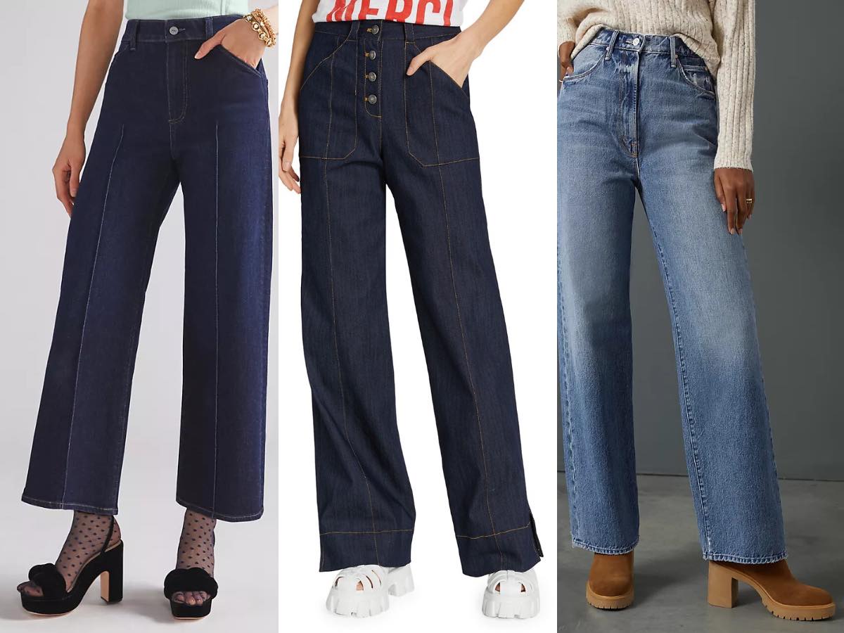 3 women wearing different platform shoes with wide leg jeans.