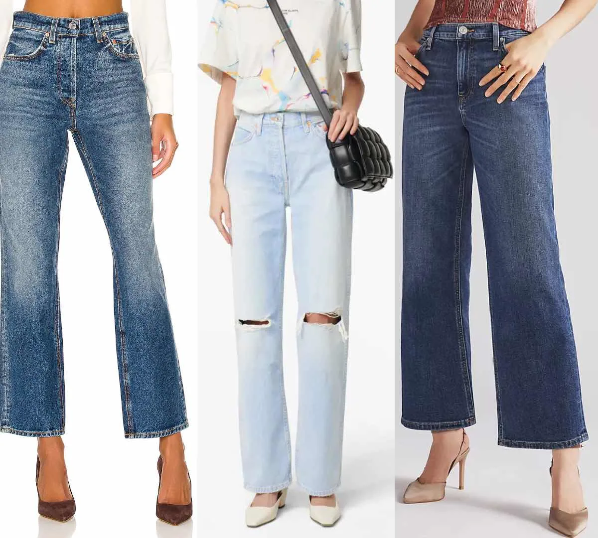 3 women wearing different pumps with wide leg jeans.