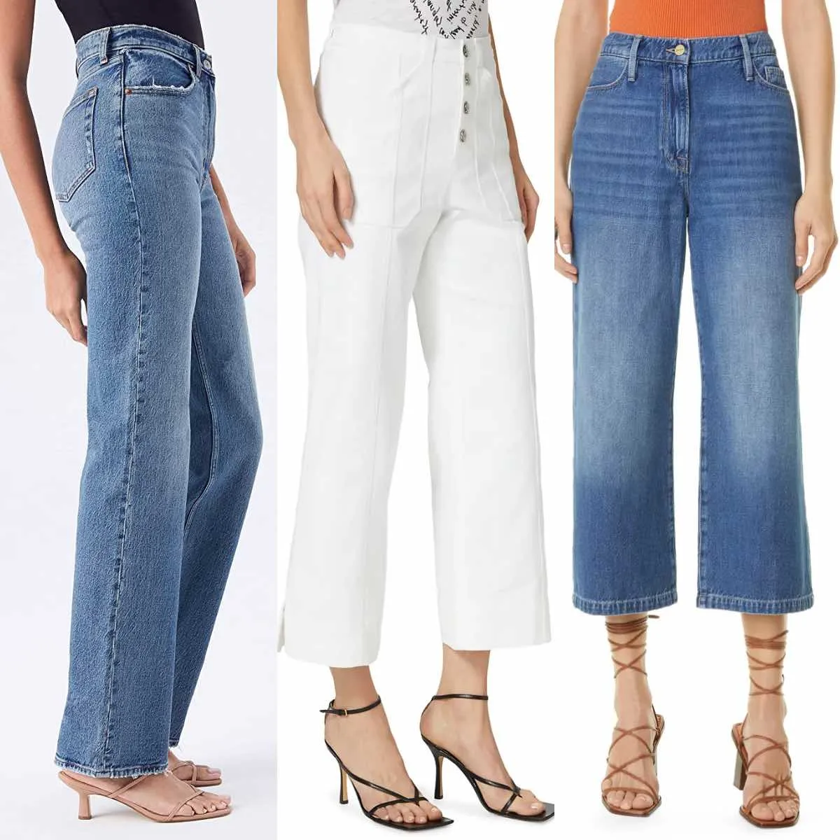 3 women wearing different strappy sandals shoes with wide leg jeans.