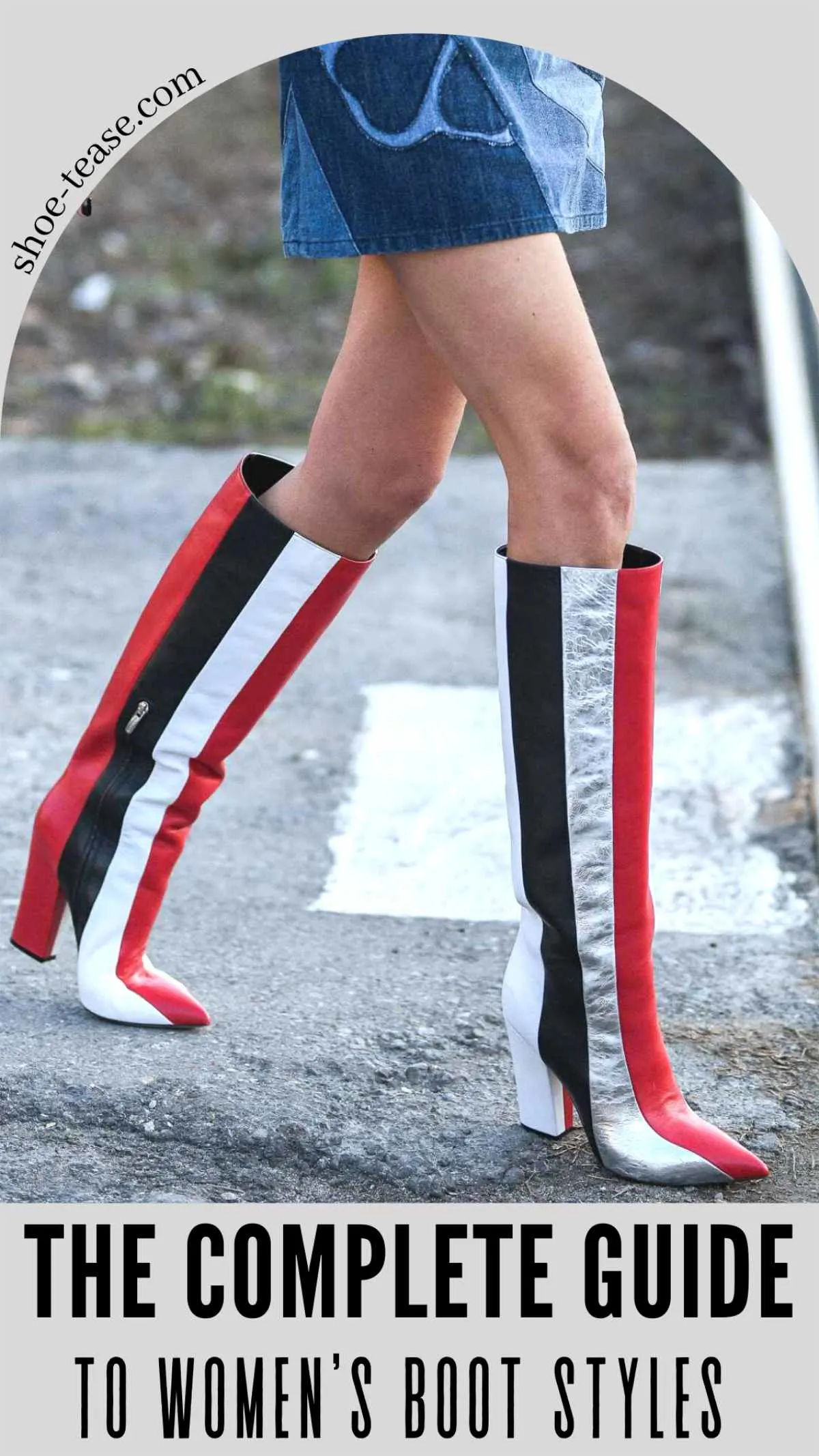 Cropped view of woman wearing type of boots called knee boots in striped red white and black, with text reading the complete guide to women's boots.