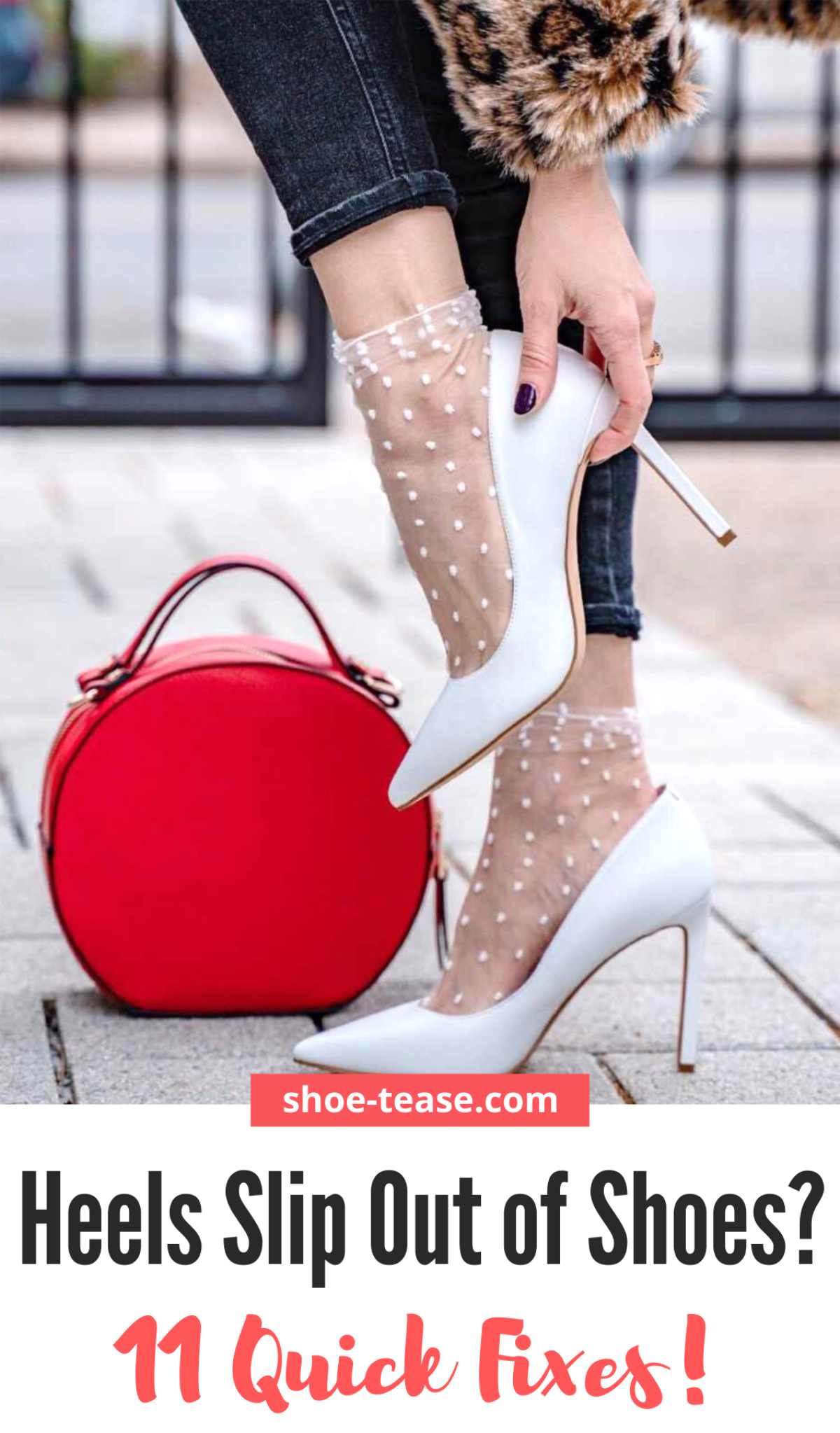 Close up of woman wearing white heels trying to keep heels from slipping out of shoes.