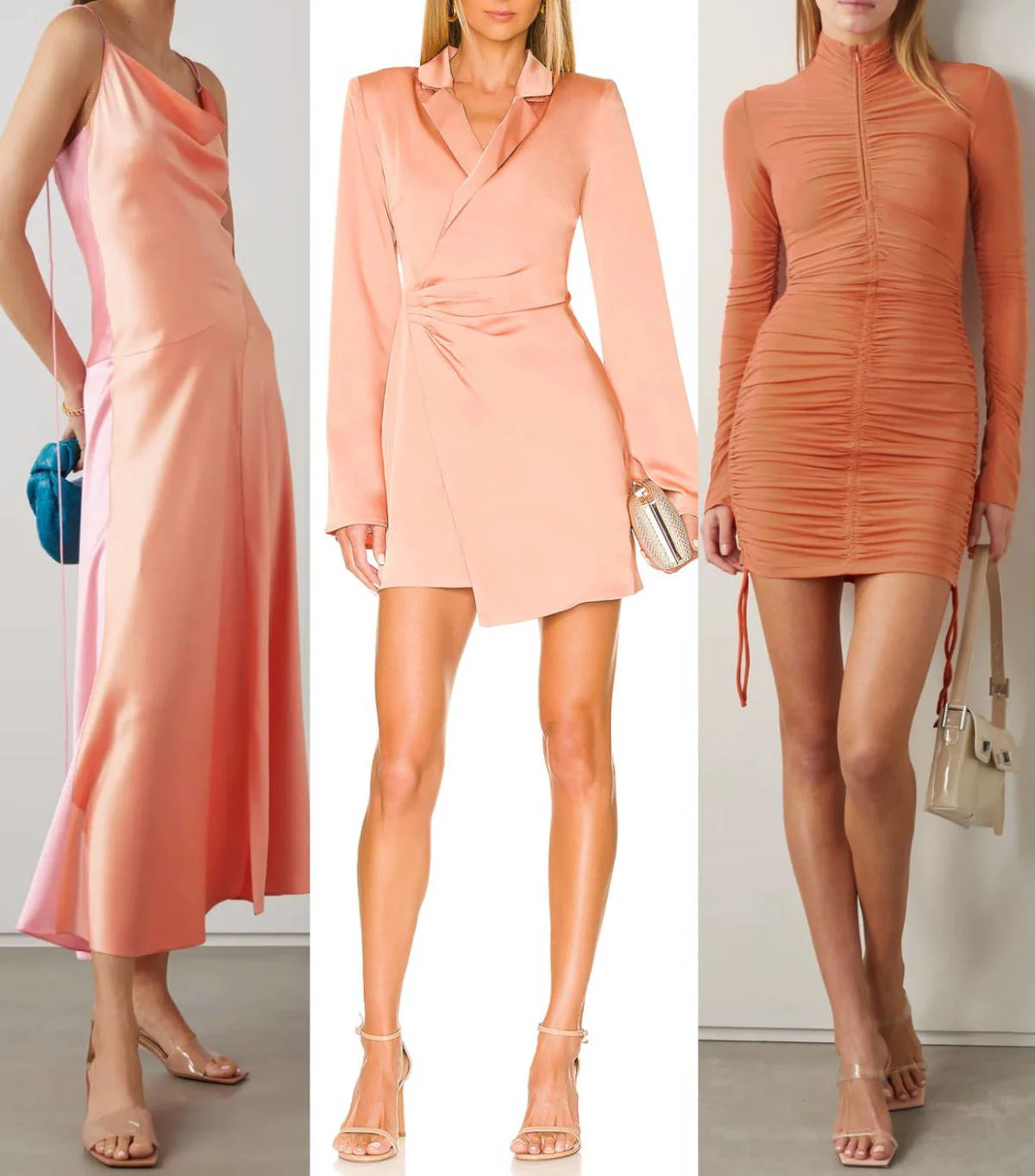 3 women wearing different nude shoes with peach dress outfits.