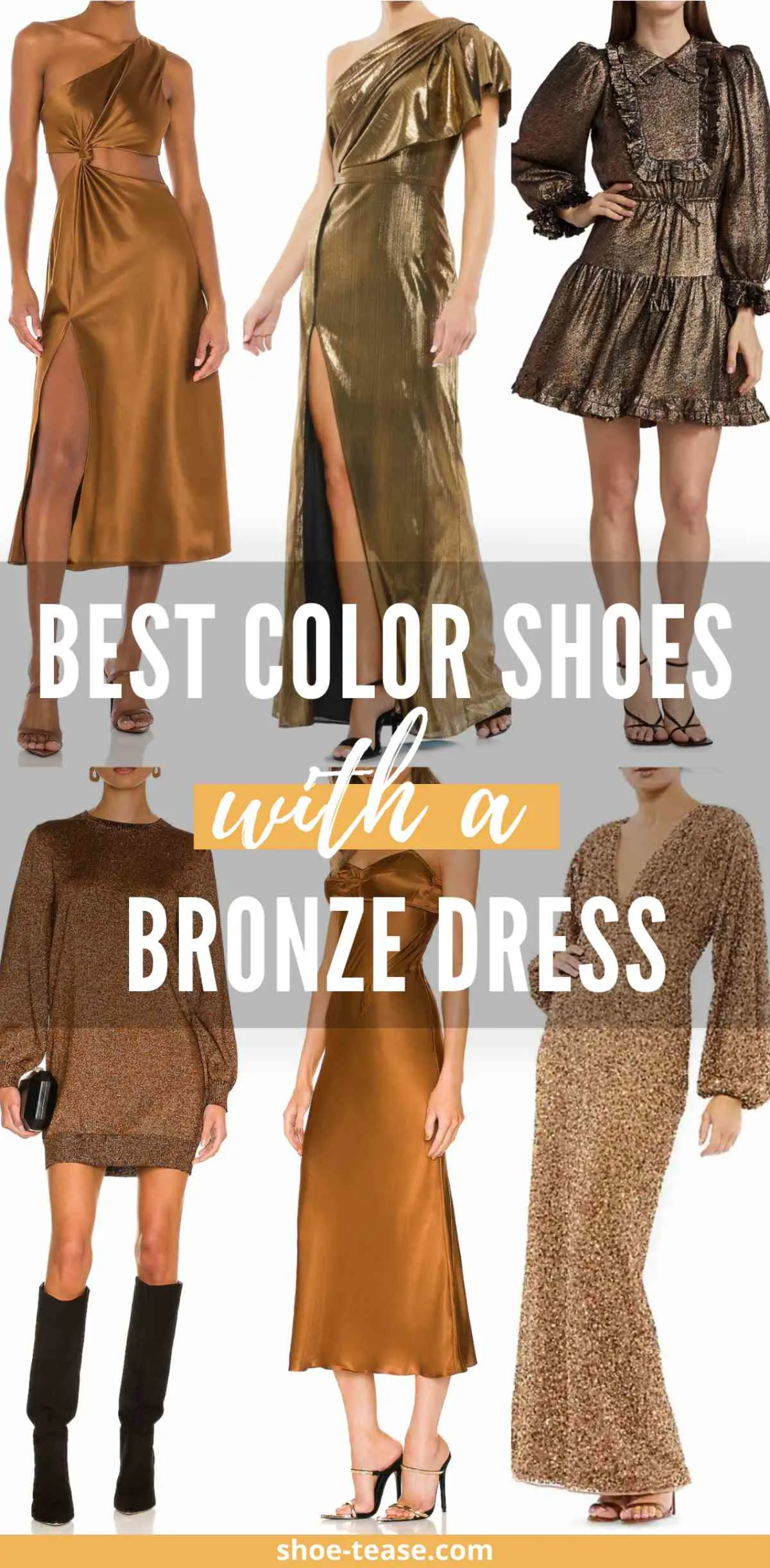 6 women wearing different styles and color shoes that match bronze dresses.