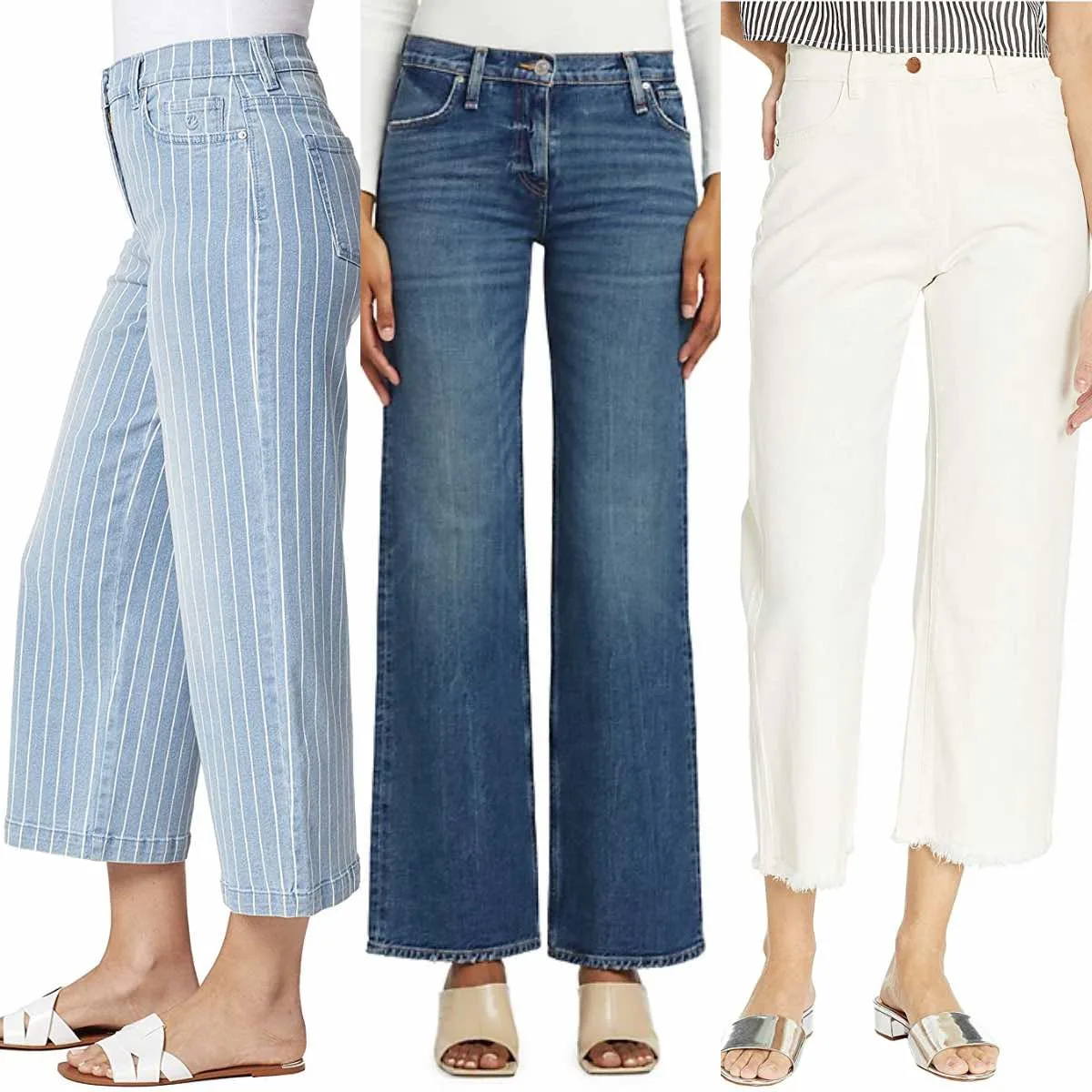 3 women wearing different slides with wide leg jeans.
