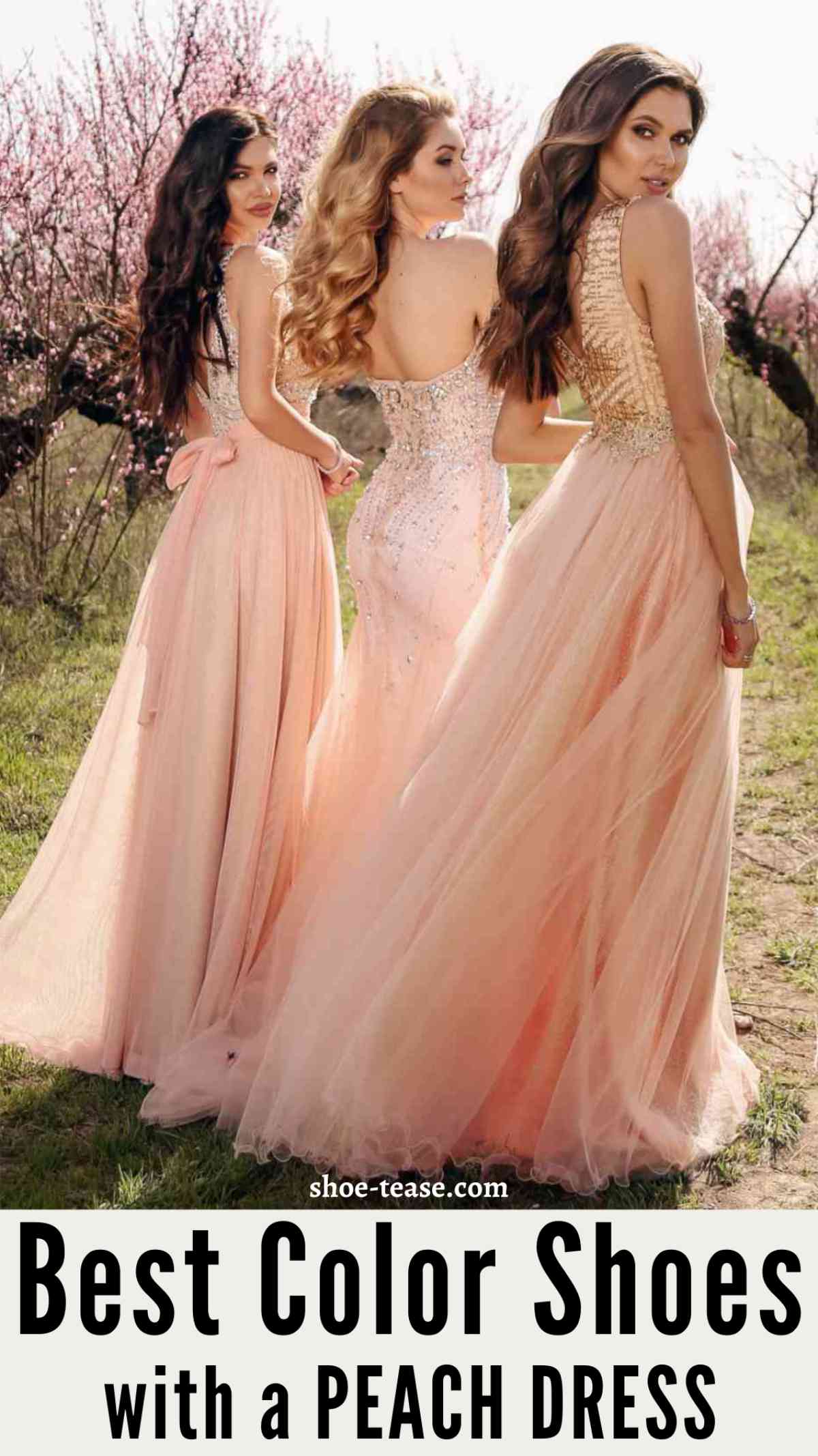 3 women wearing peach dresses and gowns walking in cherry blossom field.