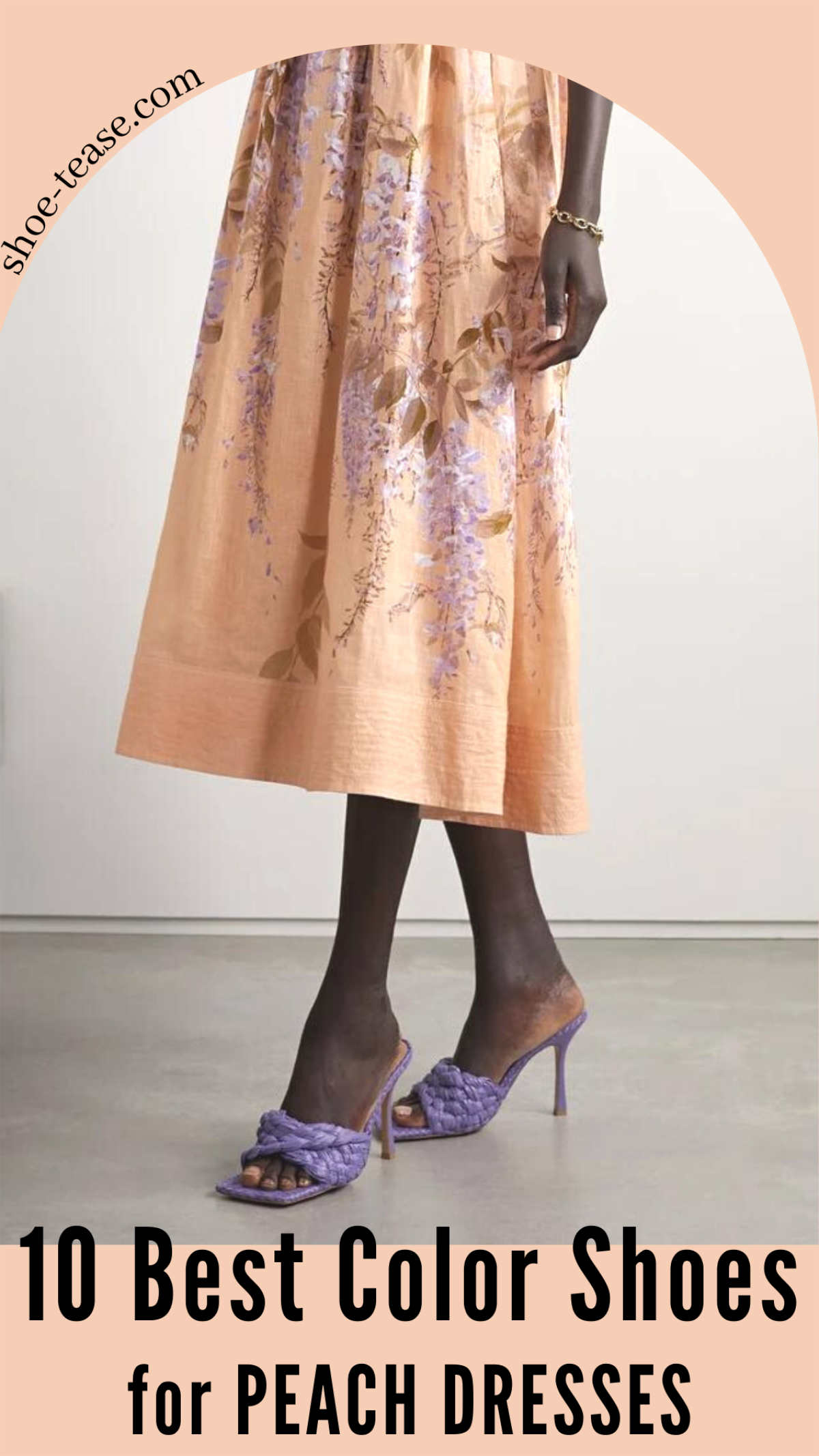 Lady wearing peach dress with purple shoes.