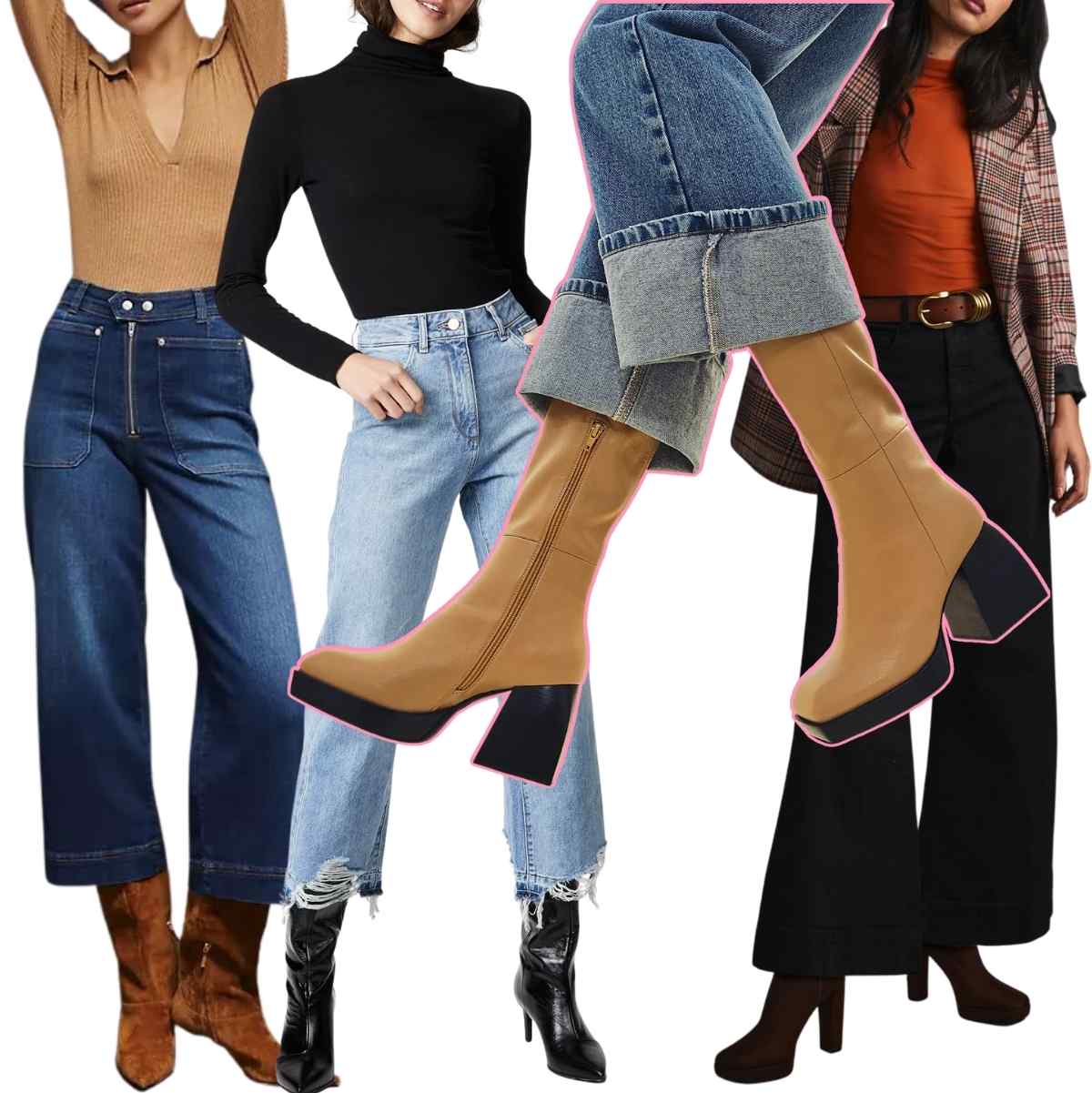 Collage of 4 women wearing wide leg jeans with knee high boots