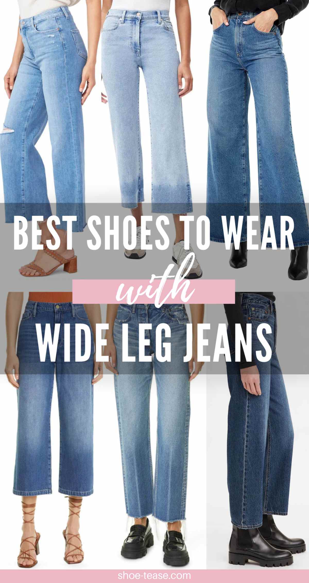 6 women wearing different shoes with wide leg jeans.