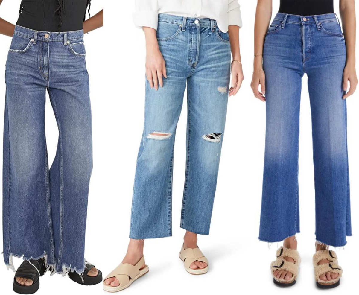 3 women wearing different sporty sandals with wide leg jeans.