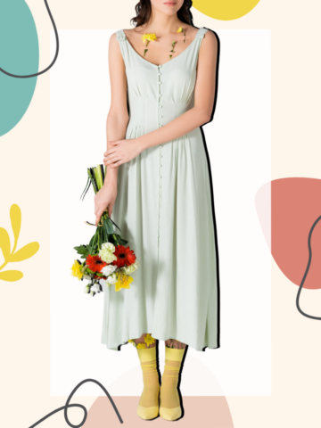 Woman wearing yellow color shoes with mint green dress outfit holding a bouquet of flowers over various shapes and line graphics.