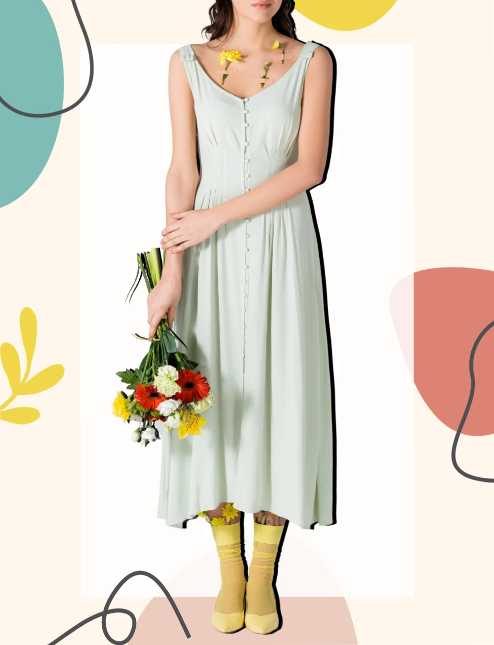 Woman wearing yellow color shoes with mint green dress outfit holding a bouquet of flowers over various shapes and line graphics.