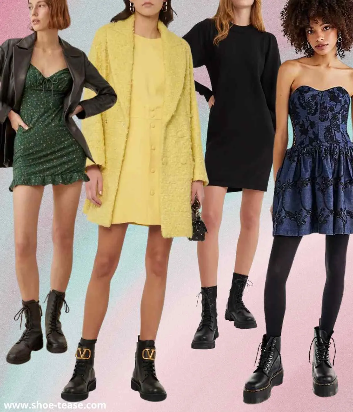 4 women wearing mini dresses with combat boots.