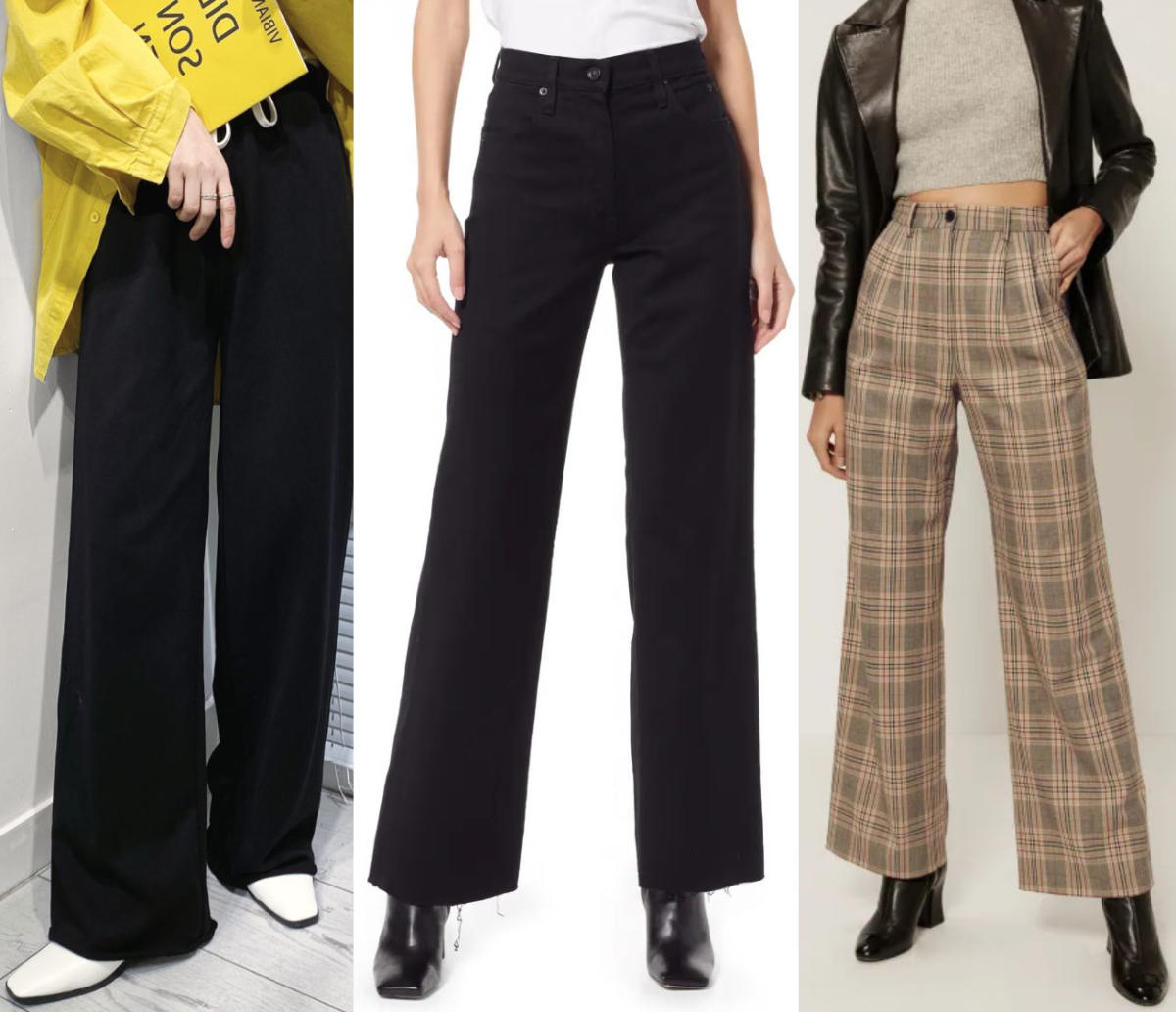 3 women wearing ankle square toe boots with wide leg pants and trousers.