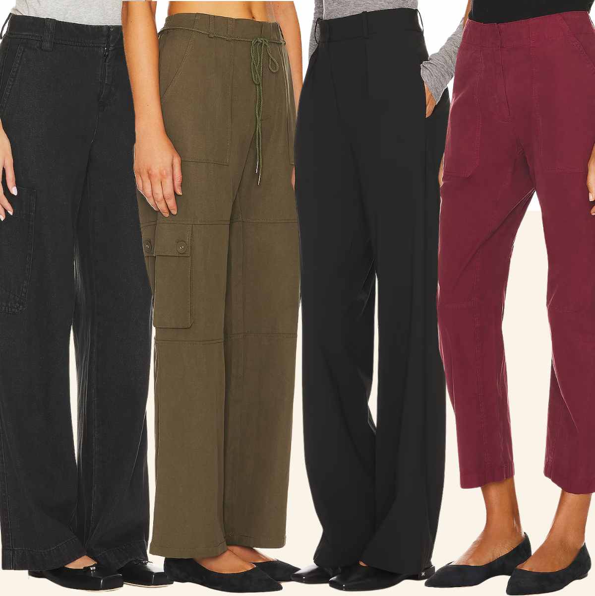 Collage of cropped pant view of 4 women wearing different ballerina with wide leg jeans of different lengths.