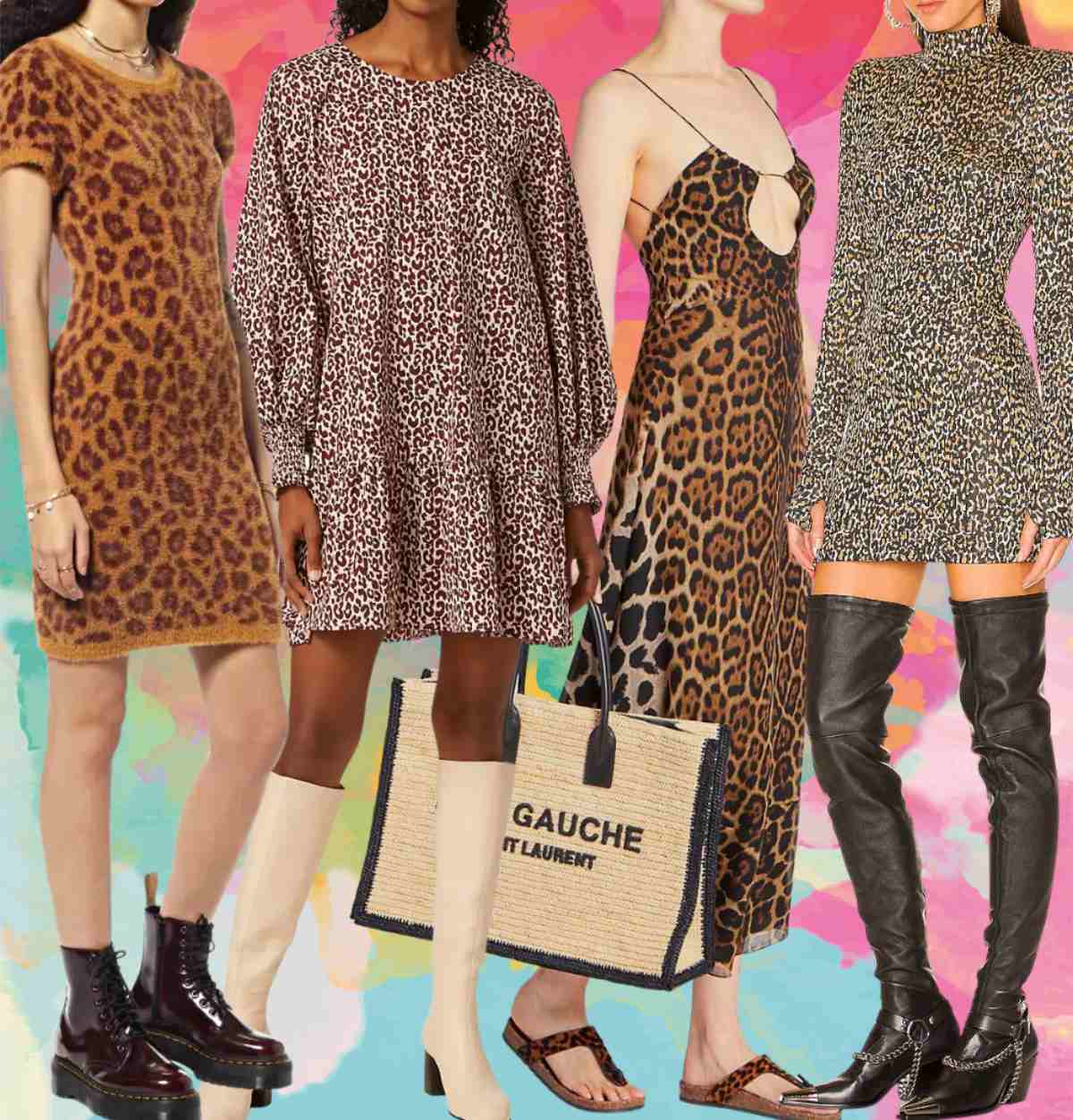 3 women wearing different shoes with casual leopard print dress outfits.