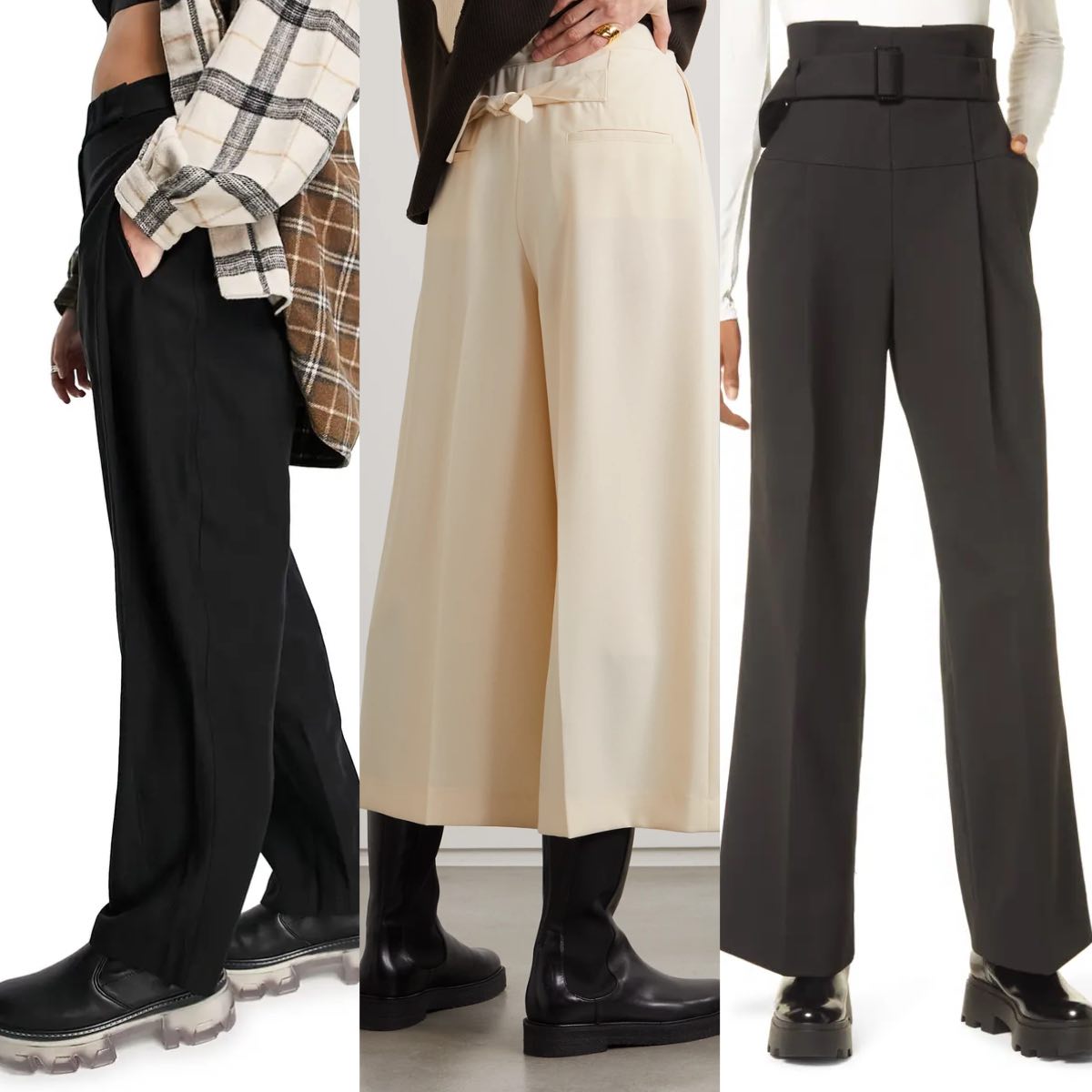 3 women wearing chunky chelsea boots with wide leg pants and trousers.