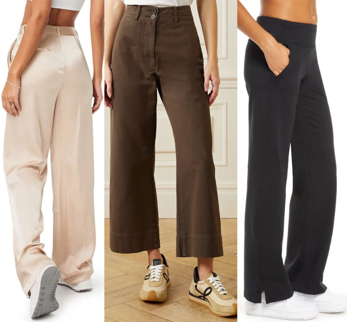 3 women wearing chunky sneakers with wide leg pants and trousers.