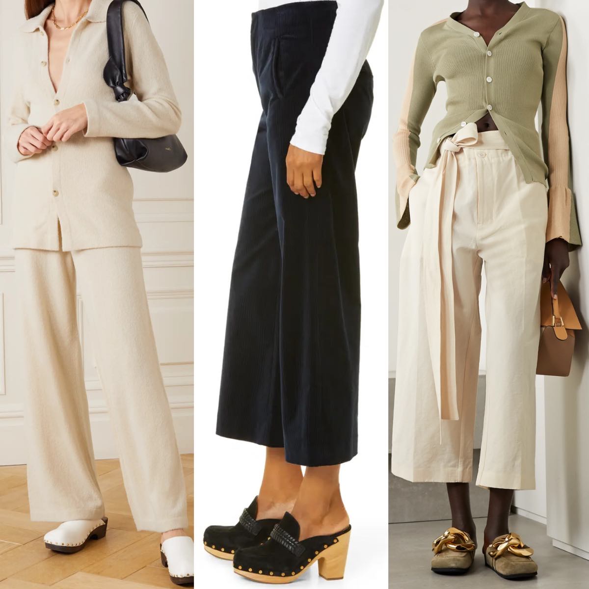 3 women wearing clogs shoes with wide leg pants and trousers.