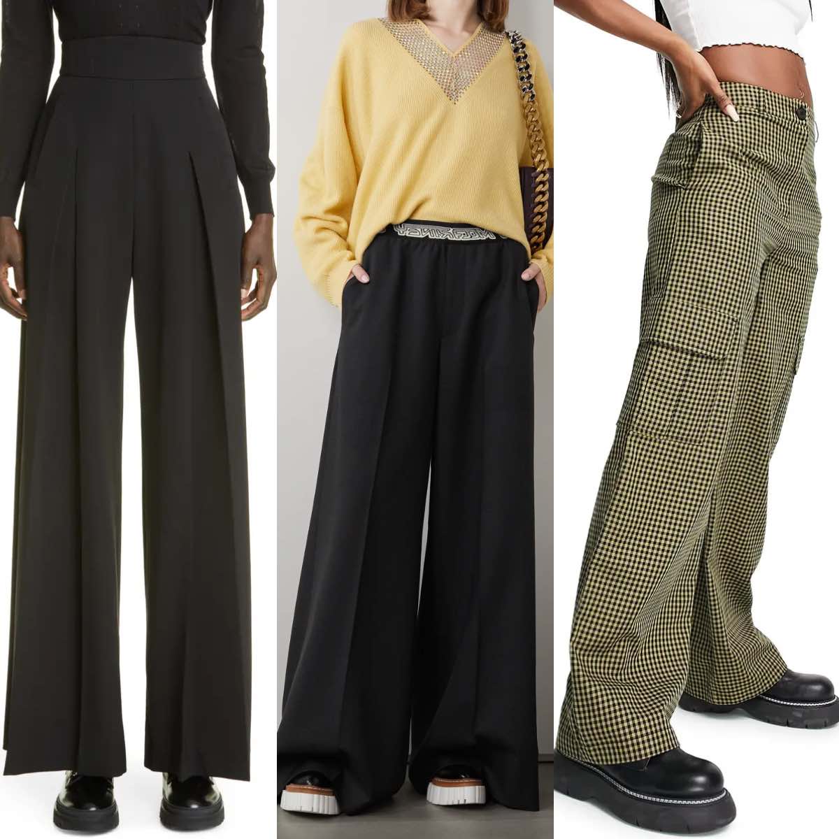 3 women wearing combat boots with wide leg pants and trousers.
