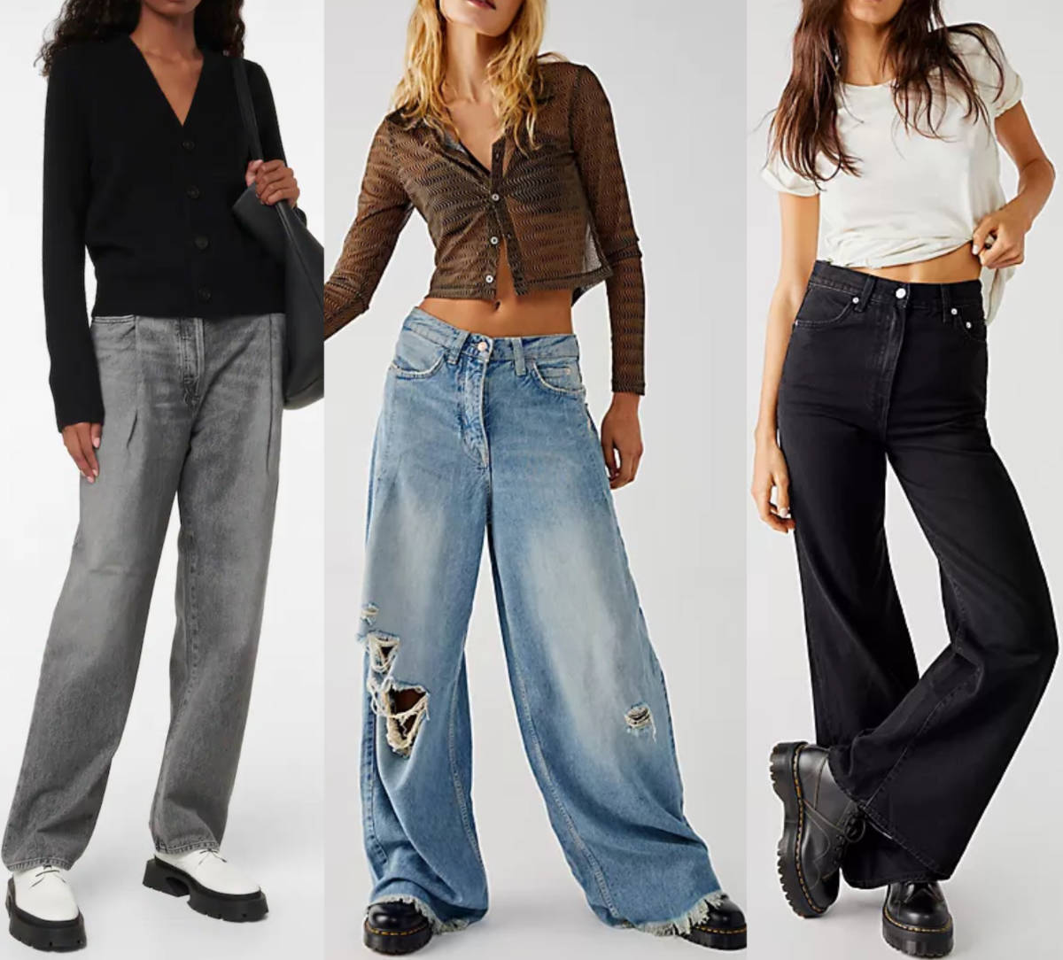 3 women wearing combat boots with baggy jeans outfits.