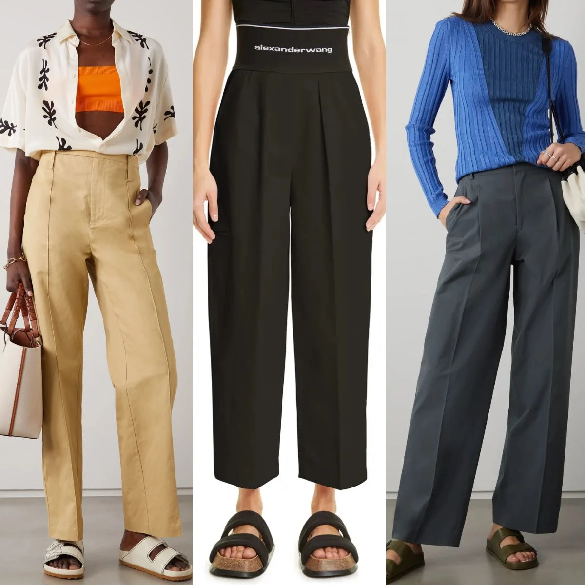3 women wearing earthy sandals with wide leg pants and trousers.