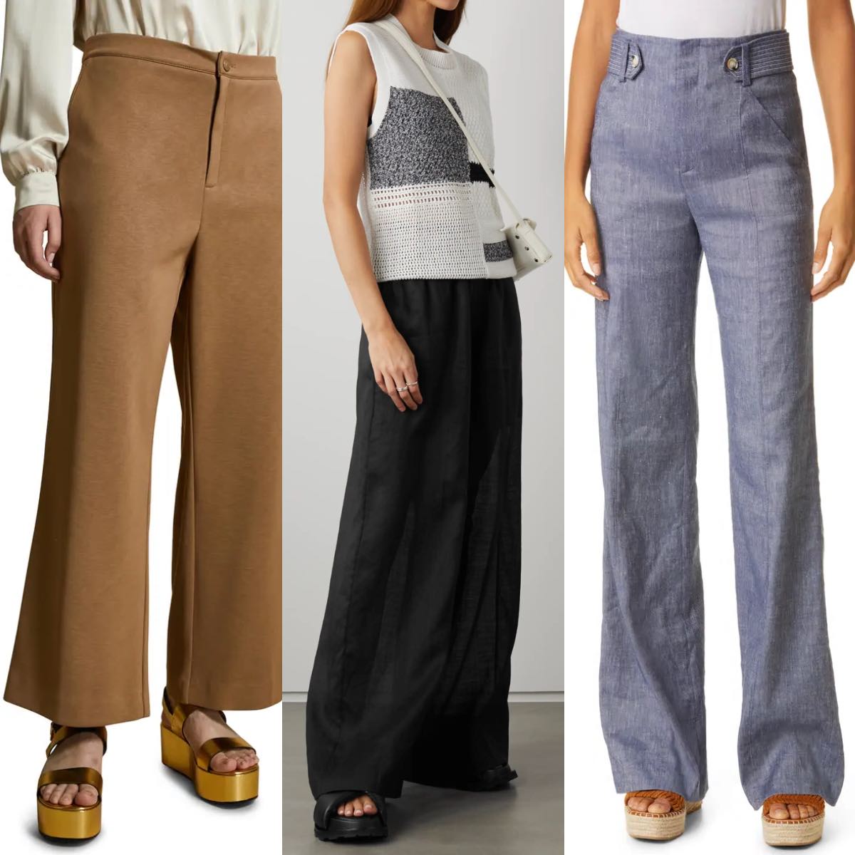 3 women wearing flatform sandals with wide leg pants and trousers.